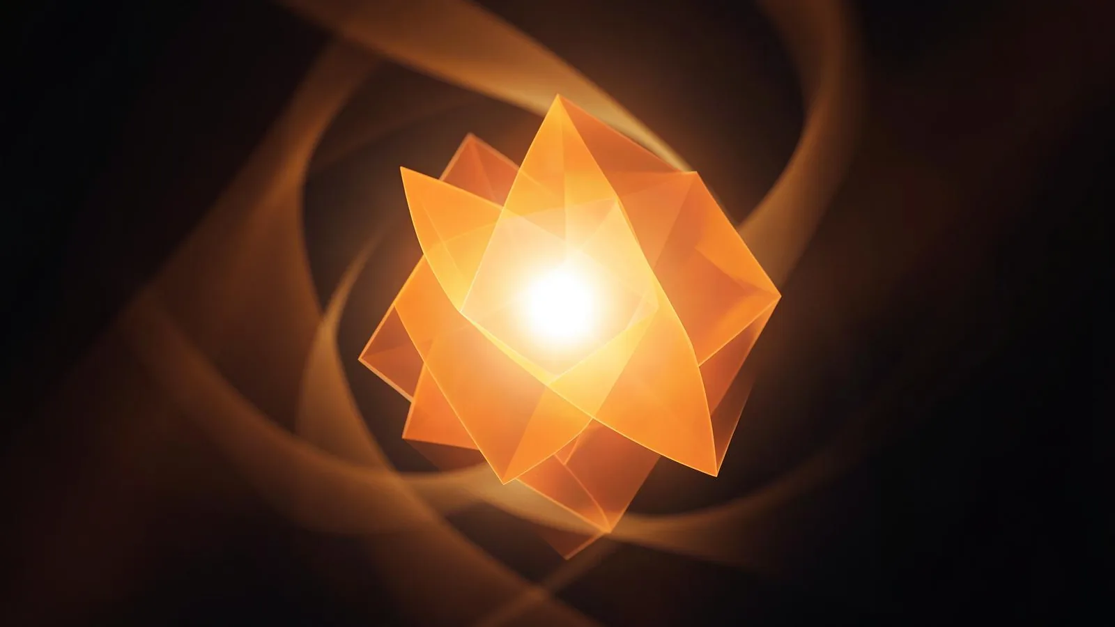 Abstract interlocking facets around a bright core in orange and white